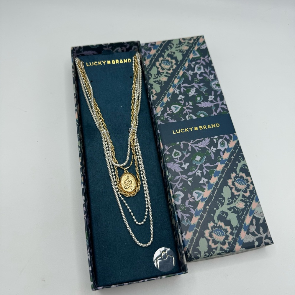 Lucky Brand Drama Layer Necklace Two Tone Gold & Silver Tone Snake Pendant